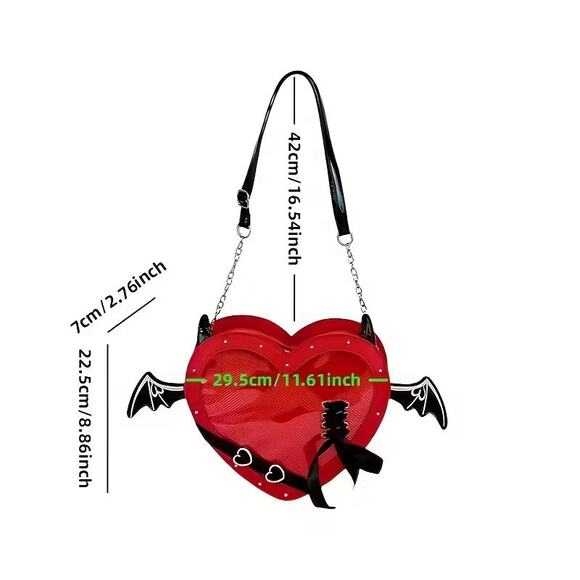 Gothic Heart Ita Bag with Bat Wings Red PU Leather - Picture 3 of 5